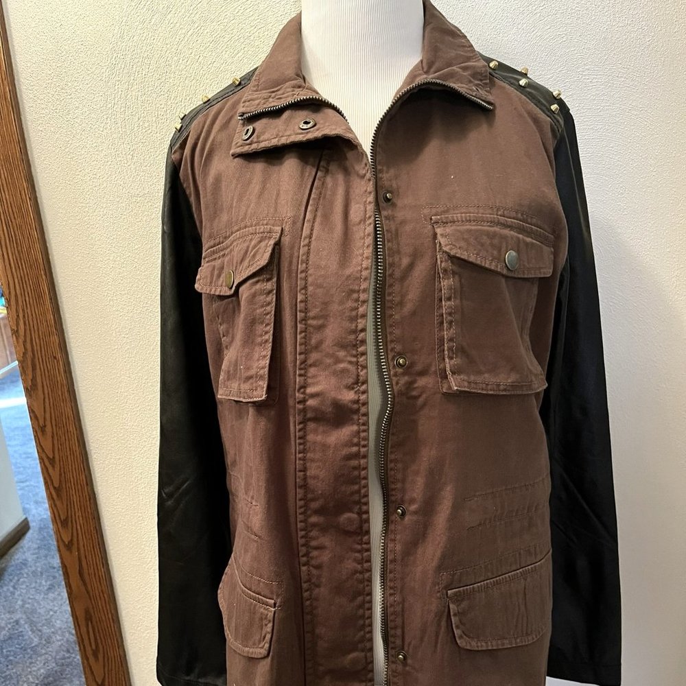 Vintage Dna Couture zip & snap Olive Green & Black Jacket with Studded Shoulders